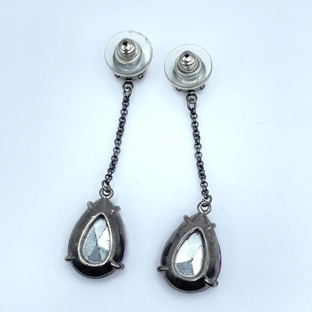 Vintage Gunmetal-Tone Prong Faceted Glass Purple Teardrop Beads Dangle Earrings